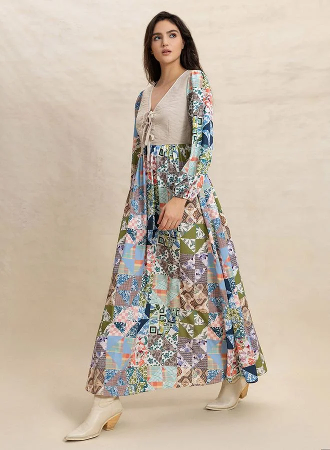 Take Two Women's Floral Printed Tie-Up Front V Neck Patchwork Detail Long Sleeve Maxi Dress